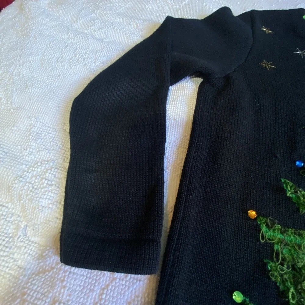 Berek 2 Sweater Christmas Tree 3D Sz S VTG Takako Saxon‎ Black Button Down Front
